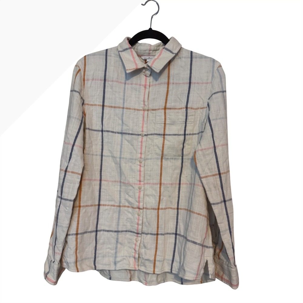 LL Bean Plaid Pink Orange Blue Beige Gingham Button Shirt Long Sleeves Sz L